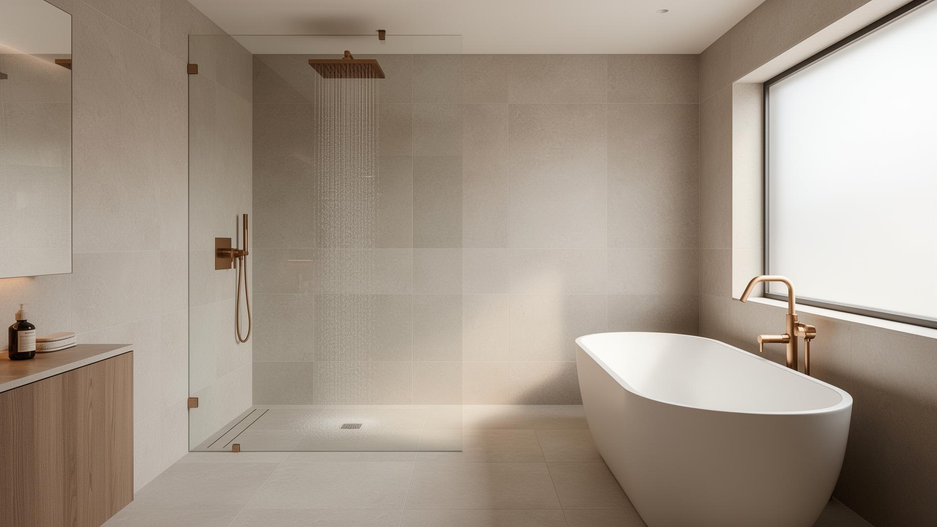 Modern luxury bathroom with wet room and freestanding bath